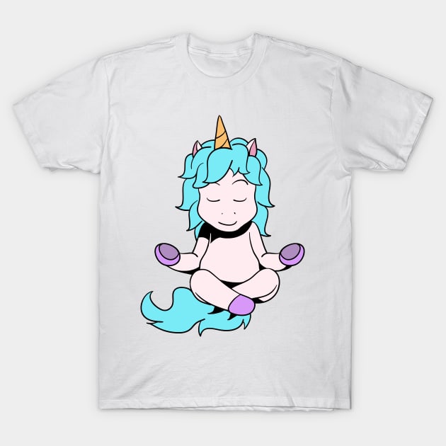 Cartoon unicorn meditates with yoga T-Shirt by Modern Medieval Design